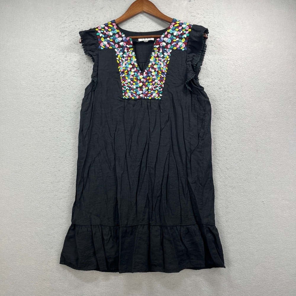 THML Dress Women Large Black Embroidered Flutter Sleeve Ruffle Hem V Neck Bamboo